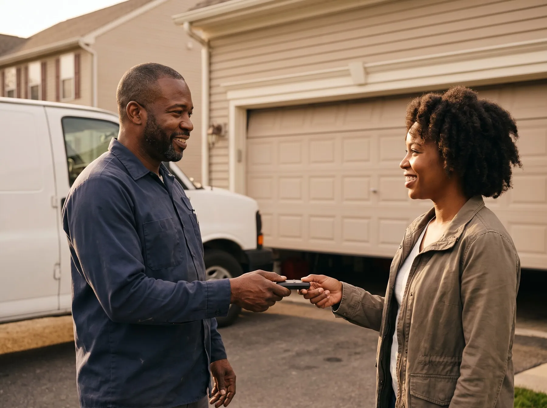Illustrative photo: A garage door technician handing a homeowner the remote as her repaired door closes.