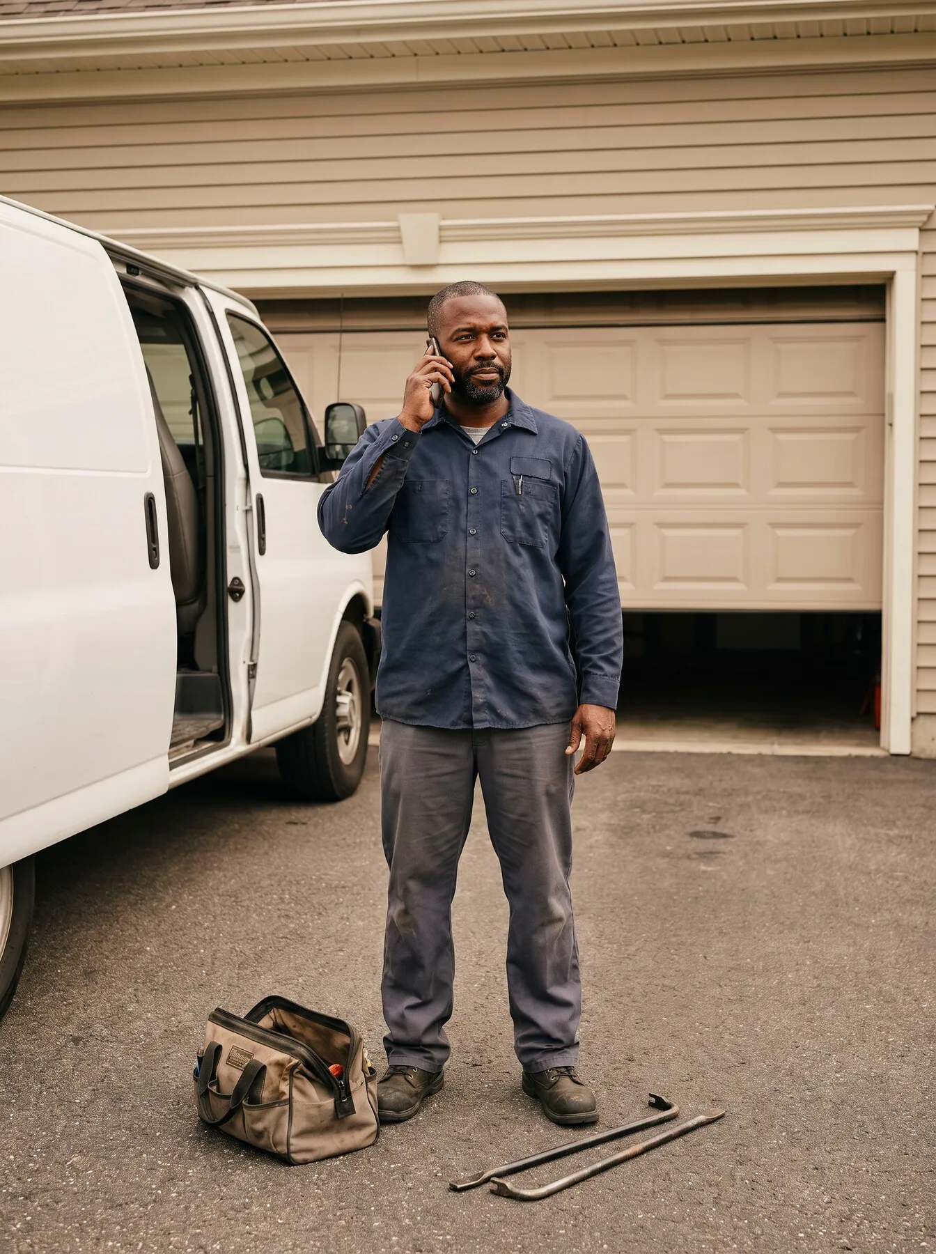 Illustrative photo: A garage door technician beside his van answering his phone, a half-open garage door behind him.