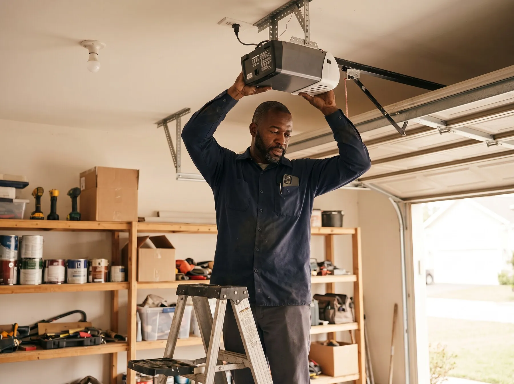 Illustrative photo: A garage door technician on a ladder adjusting an opener while his phone buzzes in his pocket.